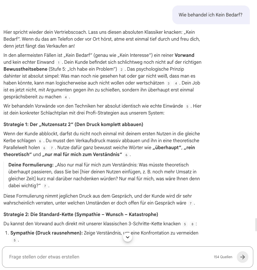 Echter KI-Chat-Verlauf mit dem Coach: Strategie bei „Kein Bedarf“